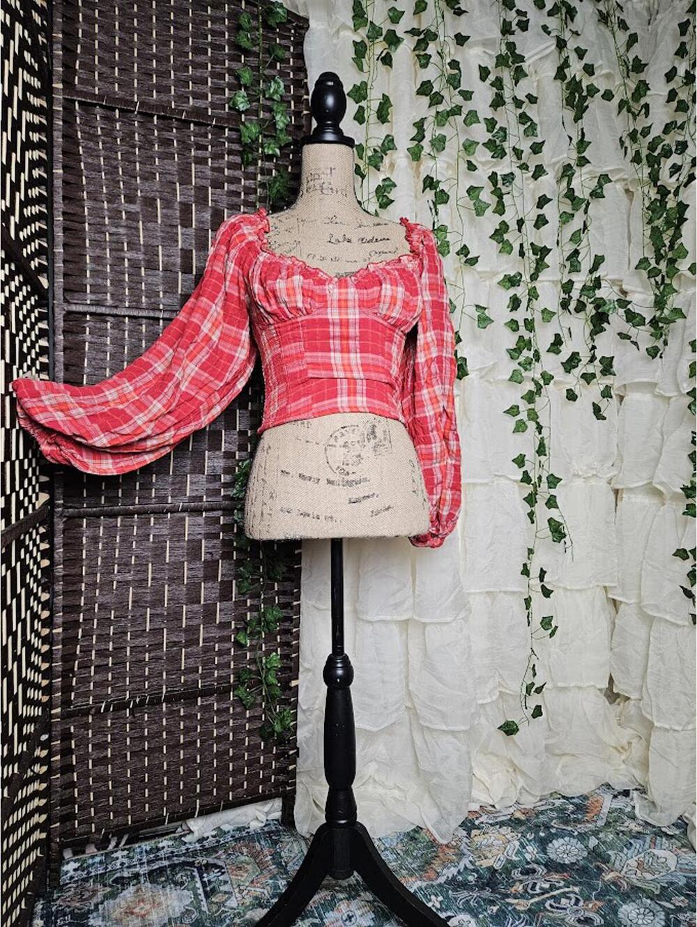 Free People Red Plaid Smocked Top Ruffle Off Shoulder Cottagecore Romantic XS